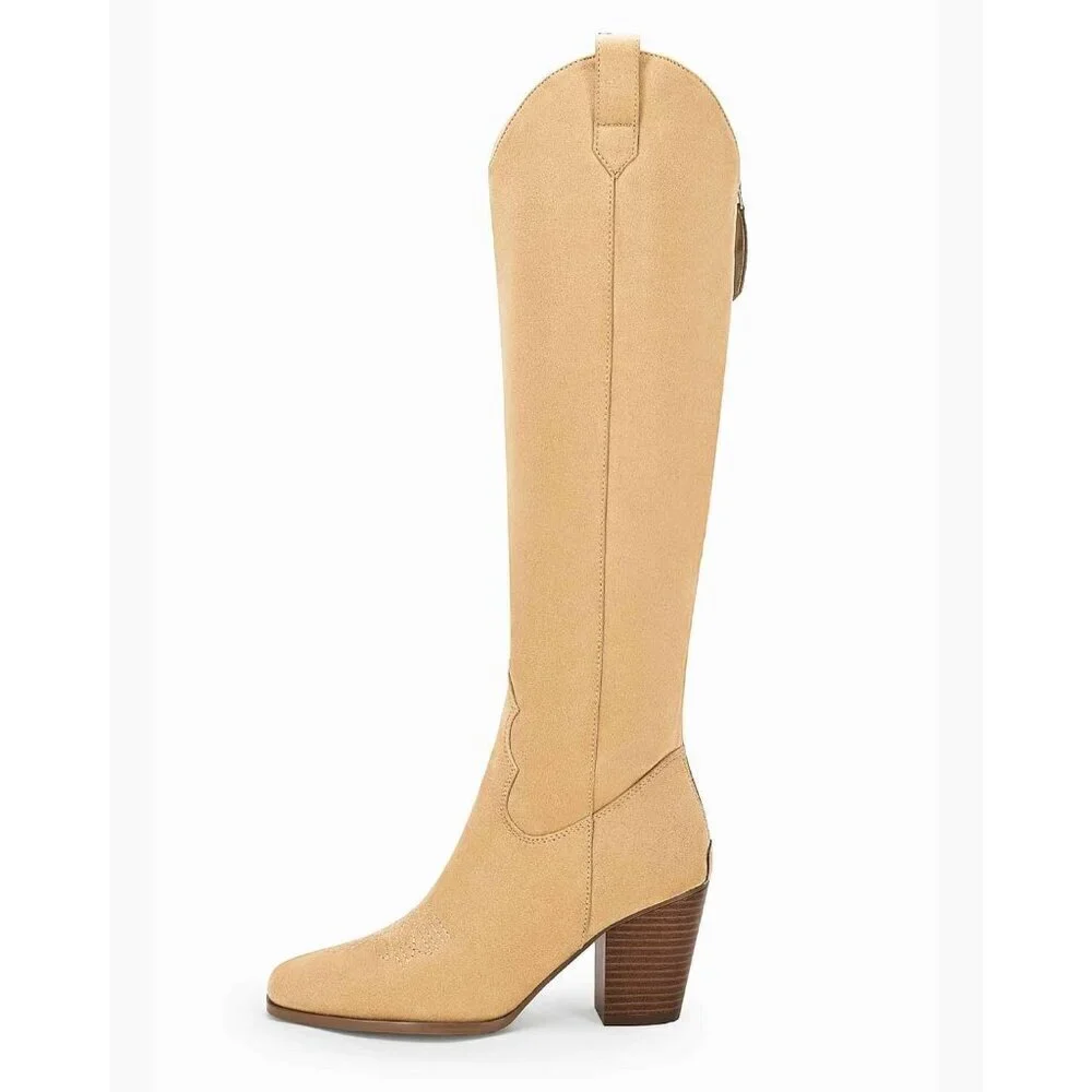 Women Khaki Cowboy Knee High Boots Chunky Block Heel Square Toe Tall Riding Boot